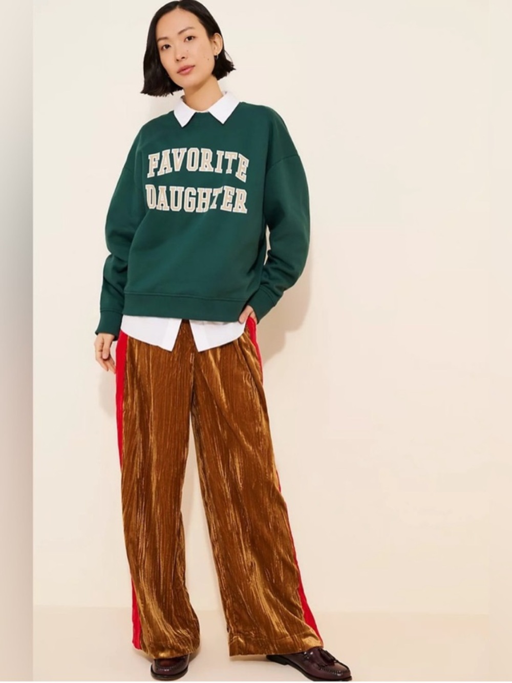 BOGO FARM Rio Gold Velvety Corduroy Wide-Leg Pants with Red Side Stripe